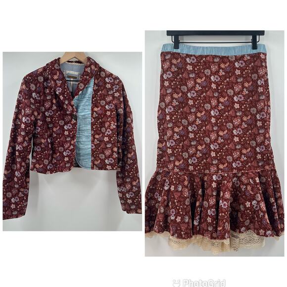 Free People Burgundy Floral Skirt & Jacket Set Size 6 Lace Trim - Picture 1 of 11